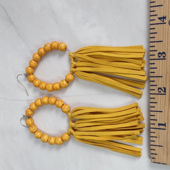 Harvest Yellow Howlite Hoop Earrings w/Suede Tassels - Picture 3 of 4